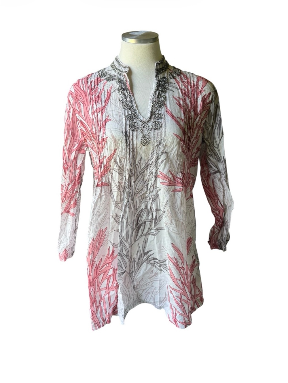 Jean-Pierre Kilfa White Embroidered V-Neck Tunic with Coral & Gray print